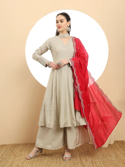 Women's Green Silk Blend Silk Military Green Anarkali Kurta Dupatta Palazzo Set by Yufta, suitable for wholesale buyers, boutiques, retailers, resellers and bulk fashion orders from Trendphoria