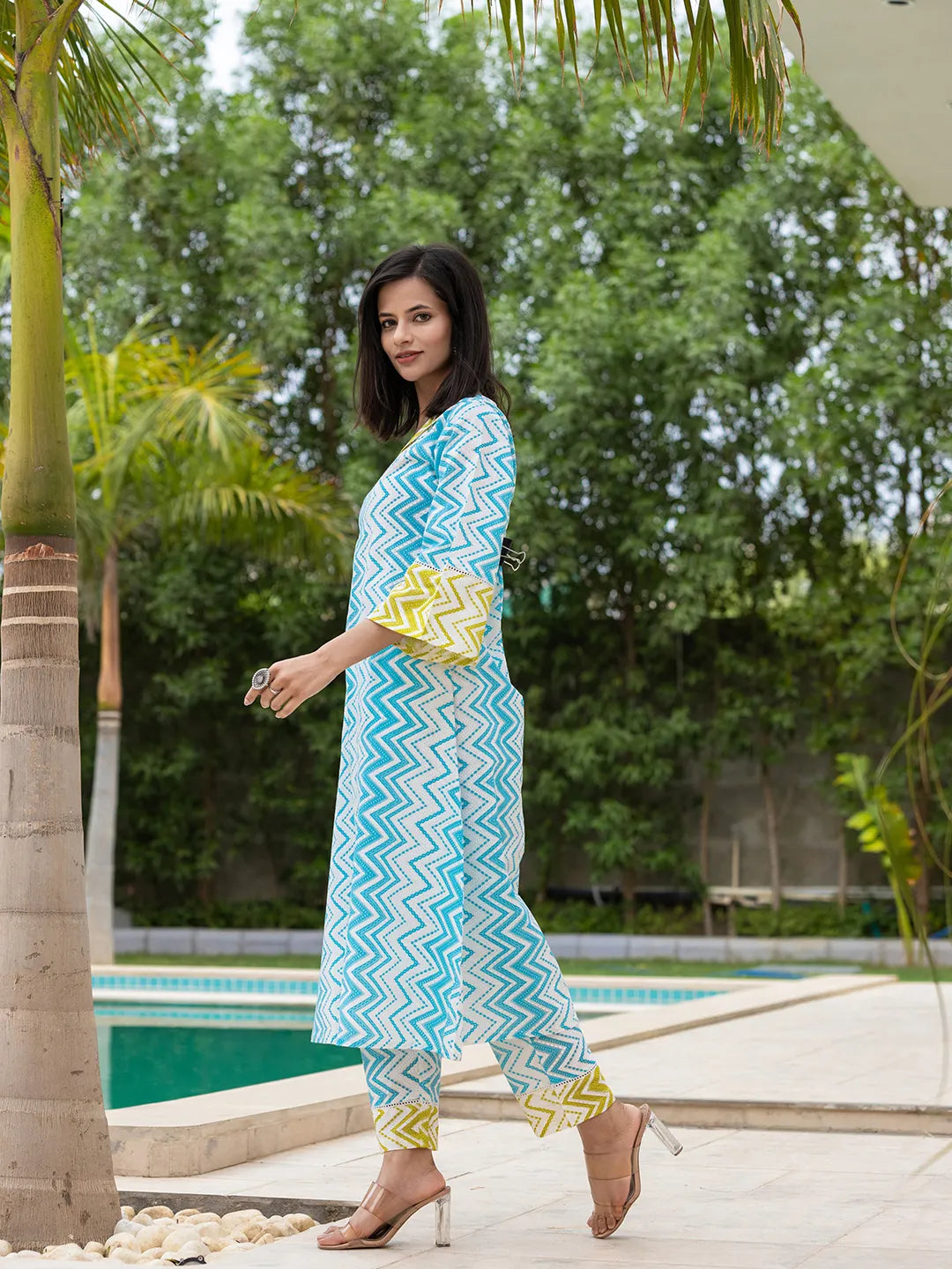Sky Blue Cotton A Line Colour Blocking Kurta Trouser Set