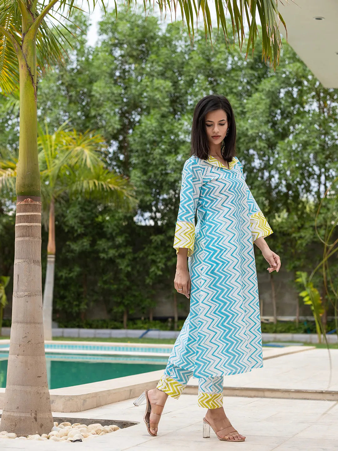 Sky Blue Cotton A Line Colour Blocking Kurta Trouser Set