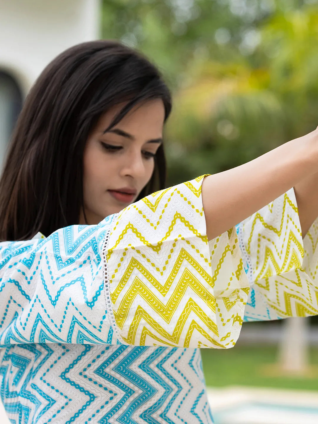 Sky Blue Cotton A Line Colour Blocking Kurta Trouser Set