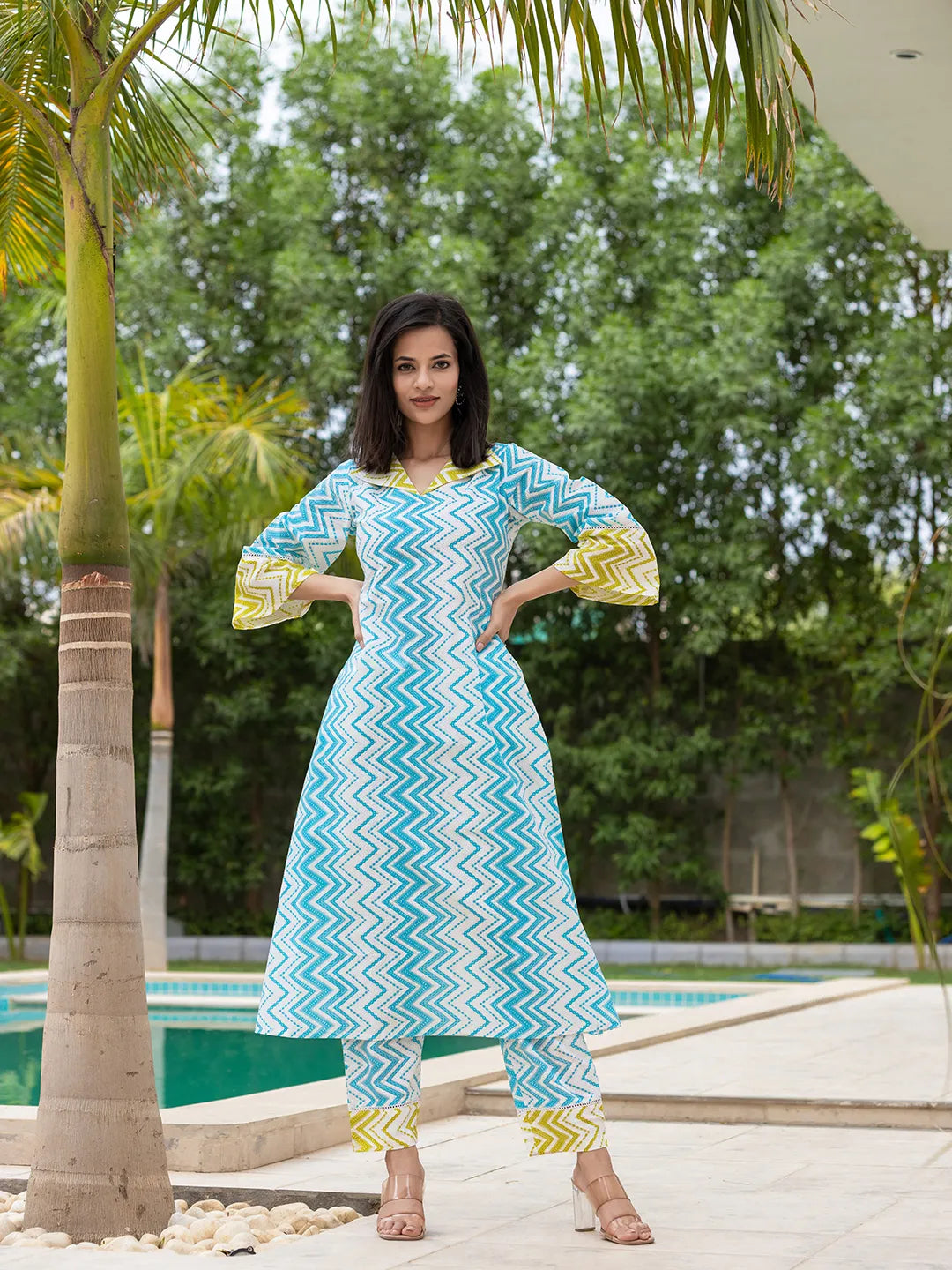 Women's Sky Blue Cotton Sky Blue Cotton A Line Colour Blocking Kurta Trouser Set by Yufta, suitable for wholesale buyers, boutiques, retailers, resellers and bulk fashion orders from Trendphoria