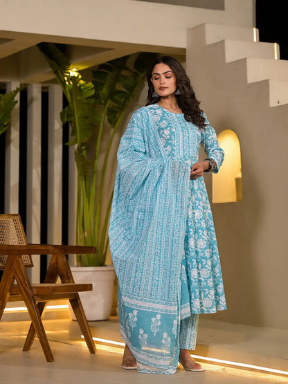 Sky Blue Cotton Anarkali Style Sequins Work Kurta With Trousers And Dupatta Set