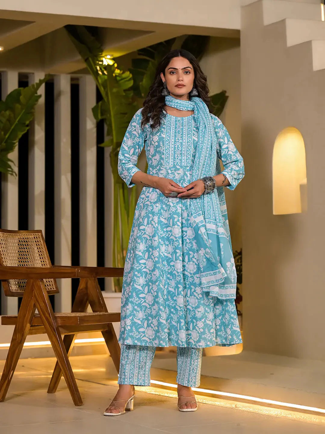 Sky Blue Cotton Anarkali Style Sequins Work Kurta With Trousers And Dupatta Set