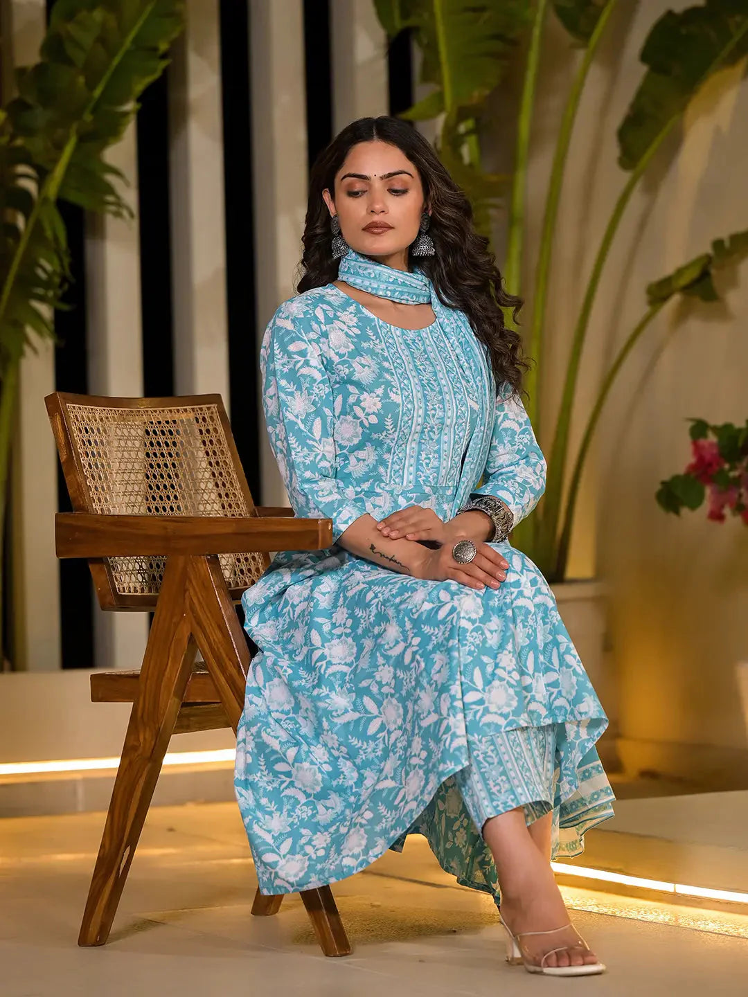 Sky Blue Cotton Anarkali Style Sequins Work Kurta With Trousers And Dupatta Set