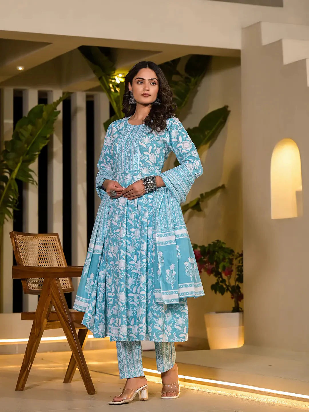 Women's Sky Blue Cotton Sky Blue Cotton Anarkali Style Sequins Work Kurta With Trousers And Dupatta Set by Yufta, suitable for wholesale buyers, boutiques, retailers, resellers and bulk fashion orders from Trendphoria