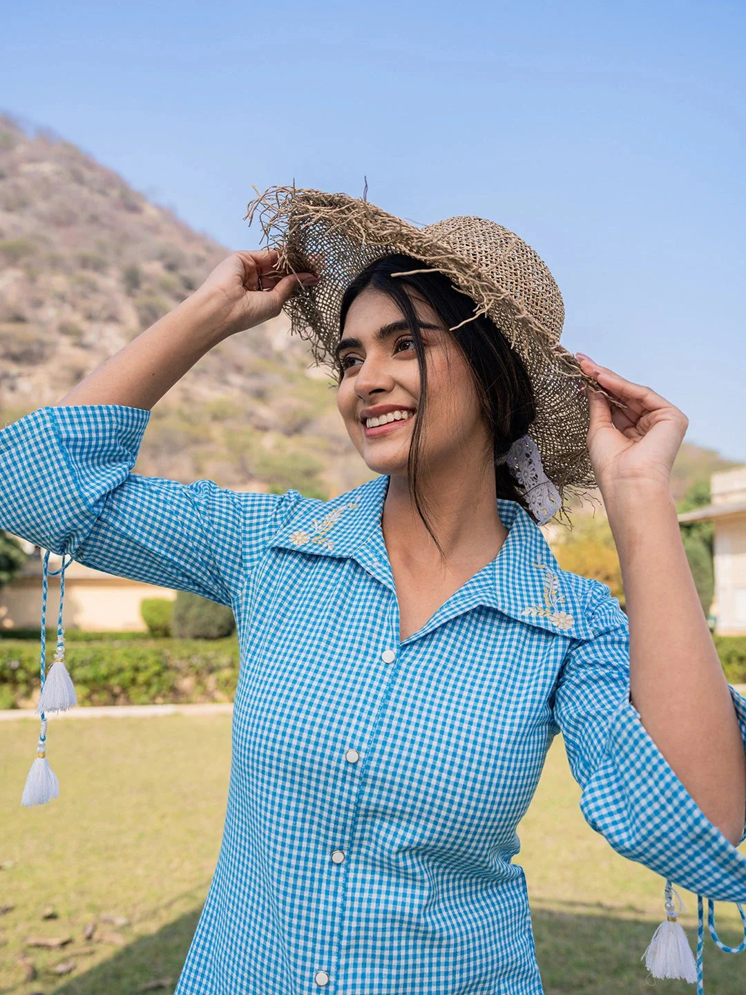 Women's Sky Blue Cotton Sky Blue Cotton Checks Printed Embroidery Top by Yufta, suitable for wholesale buyers, boutiques, retailers, resellers and bulk fashion orders from Trendphoria