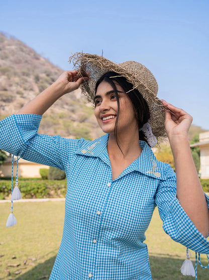 Women's Sky Blue Cotton Sky Blue Cotton Checks Printed Embroidery Top by Yufta, suitable for wholesale buyers, boutiques, retailers, resellers and bulk fashion orders from Trendphoria