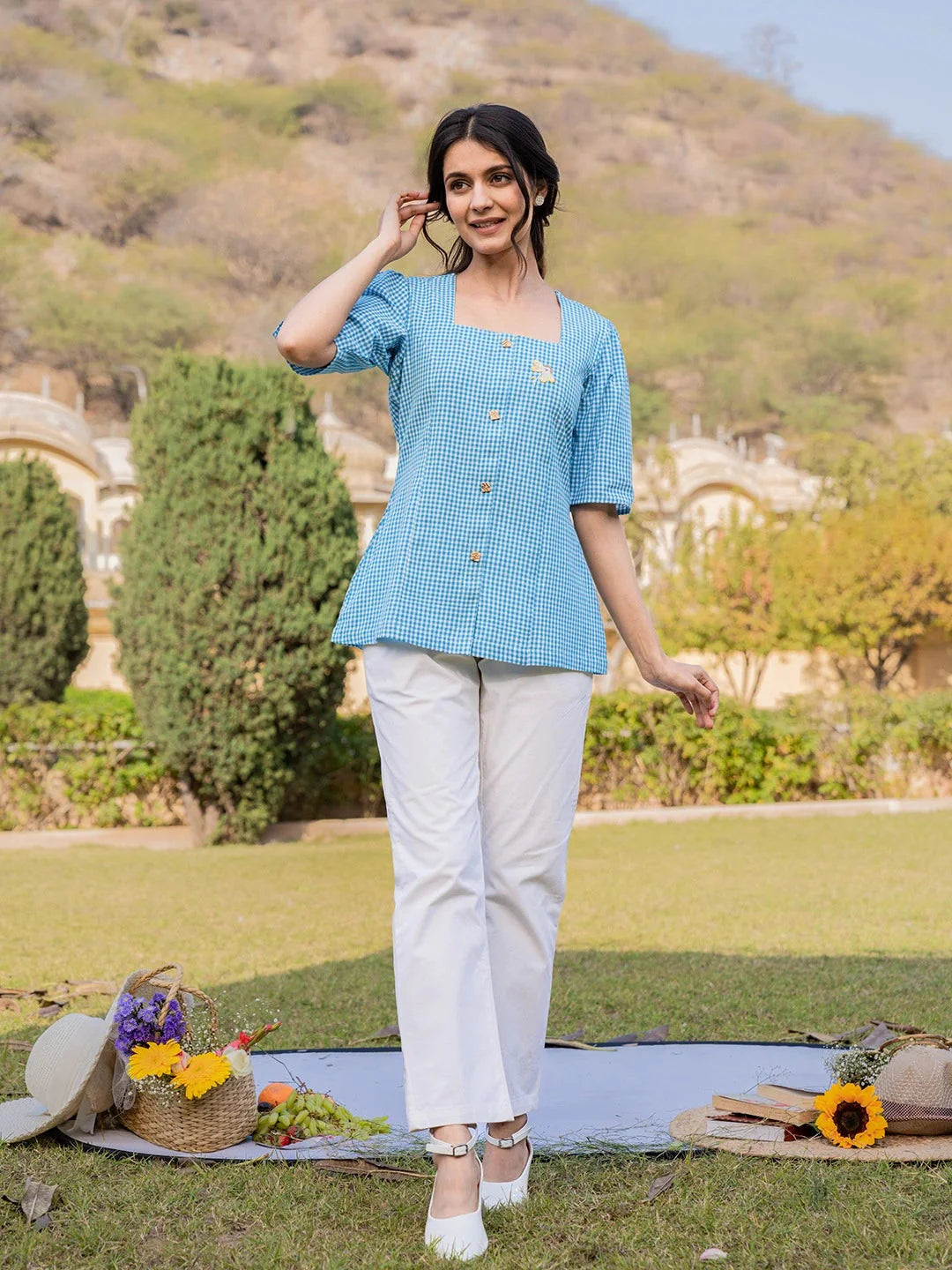 Sky Blue Cotton Checks Printed Top