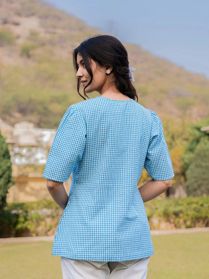 Sky Blue Cotton Checks Printed Top