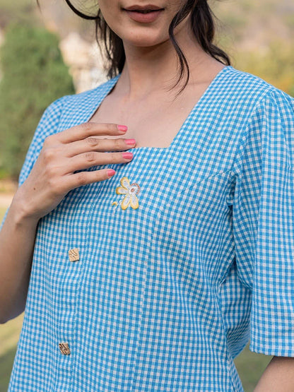 Sky Blue Cotton Checks Printed Top