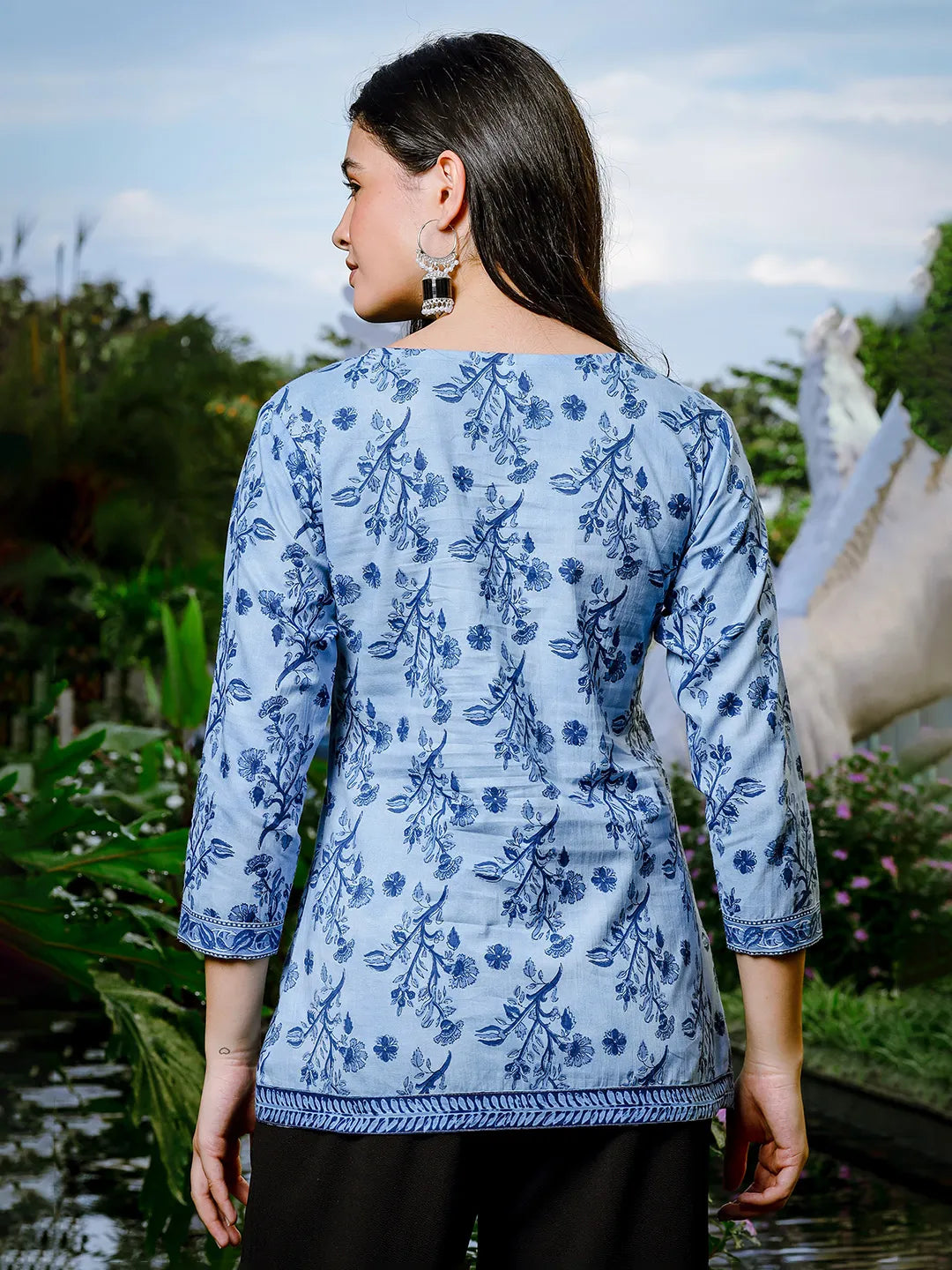 Sky Blue Cotton Floral Block Print Regular Top