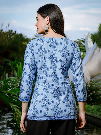 Sky Blue Cotton Floral Block Print Regular Top