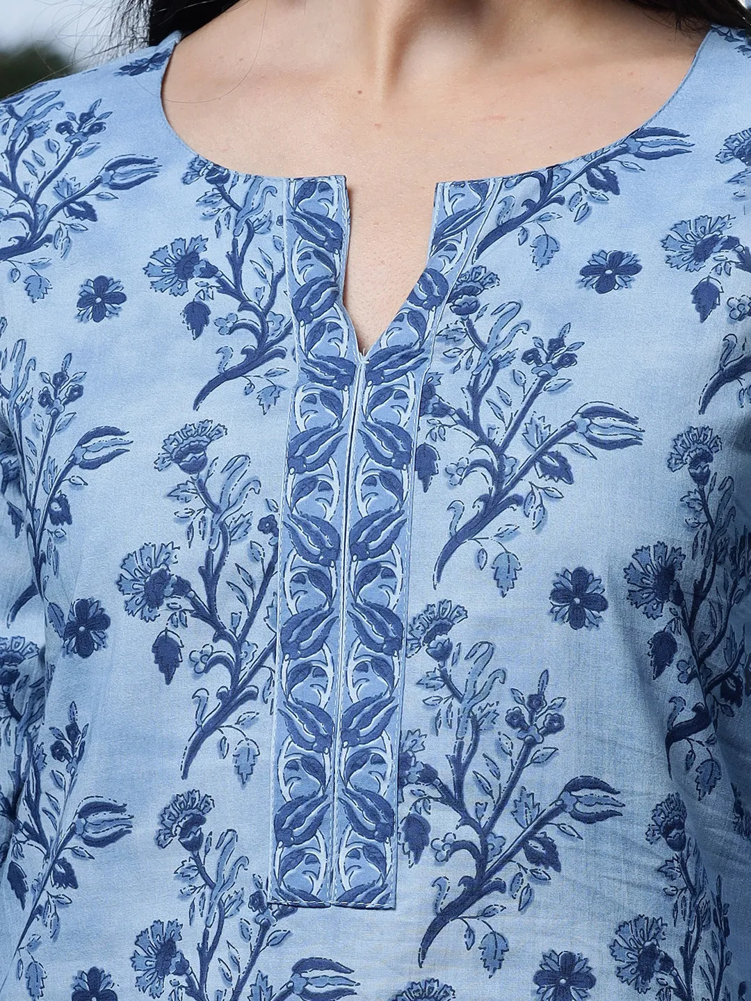 Sky Blue Cotton Floral Block Print Regular Top