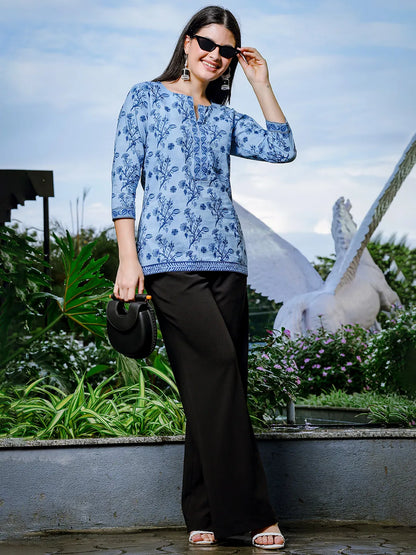 Sky Blue Cotton Floral Block Print Regular Top