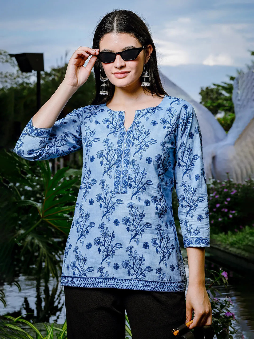 Women's Sky Blue Cotton Sky Blue Cotton Floral Block Print Regular Top by Yufta, suitable for wholesale buyers, boutiques, retailers, resellers and bulk fashion orders from Trendphoria