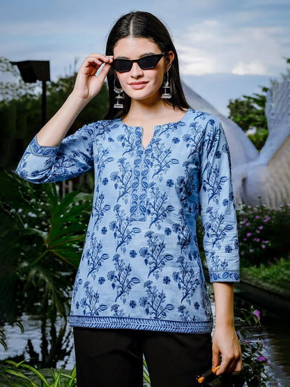 Women's Sky Blue Cotton Sky Blue Cotton Floral Block Print Regular Top by Yufta, suitable for wholesale buyers, boutiques, retailers, resellers and bulk fashion orders from Trendphoria