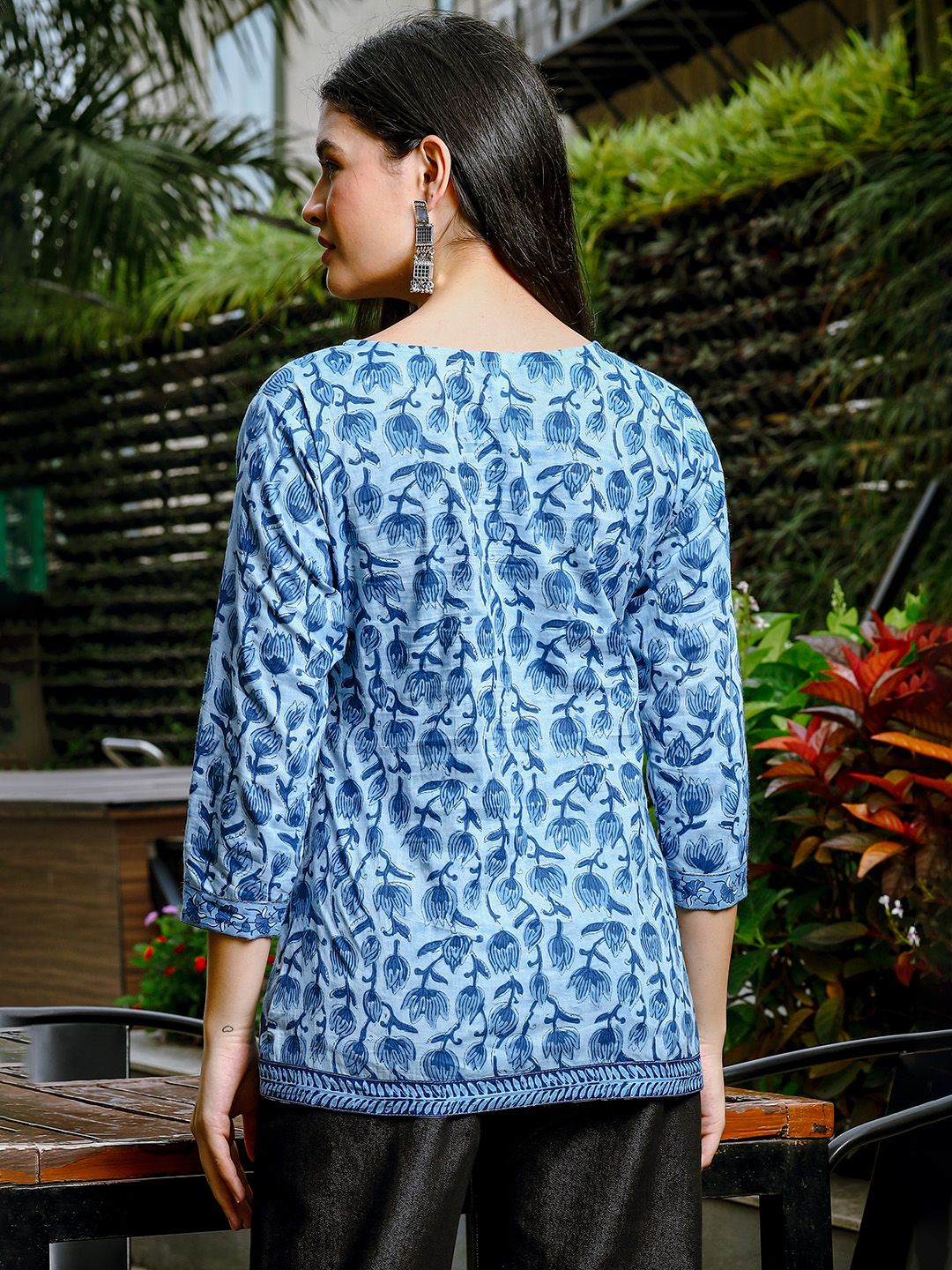Sky Blue Cotton Floral Print Hip Length Regular Top