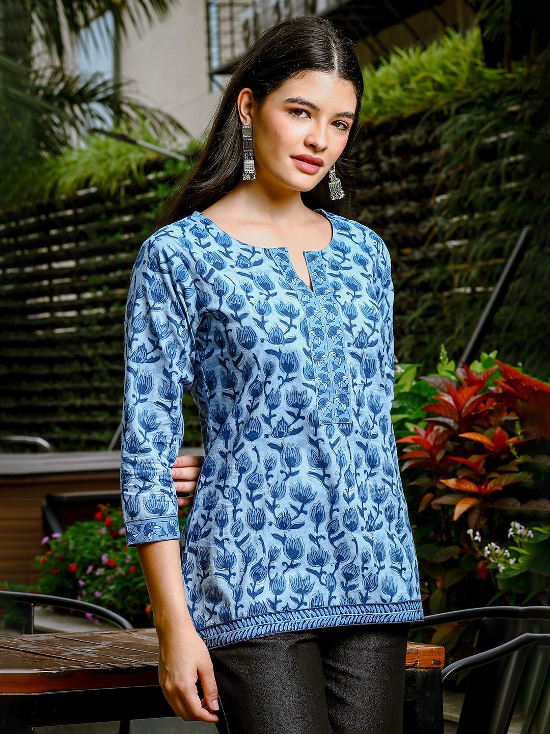 Sky Blue Cotton Floral Print Hip Length Regular Top