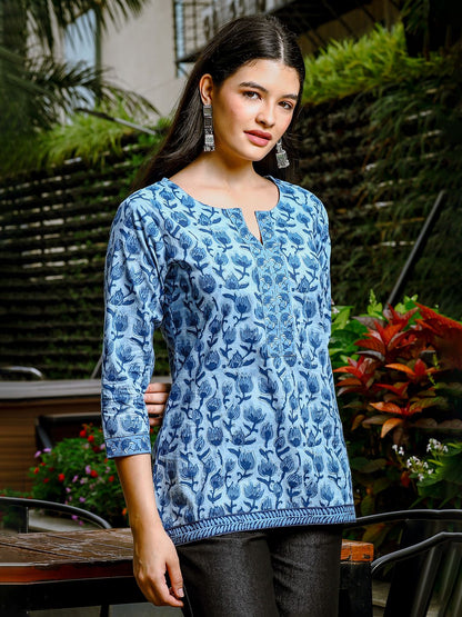 Sky Blue Cotton Floral Print Hip Length Regular Top