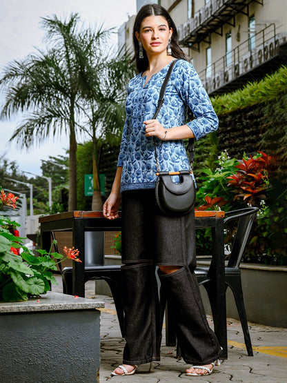 Sky Blue Cotton Floral Print Hip Length Regular Top