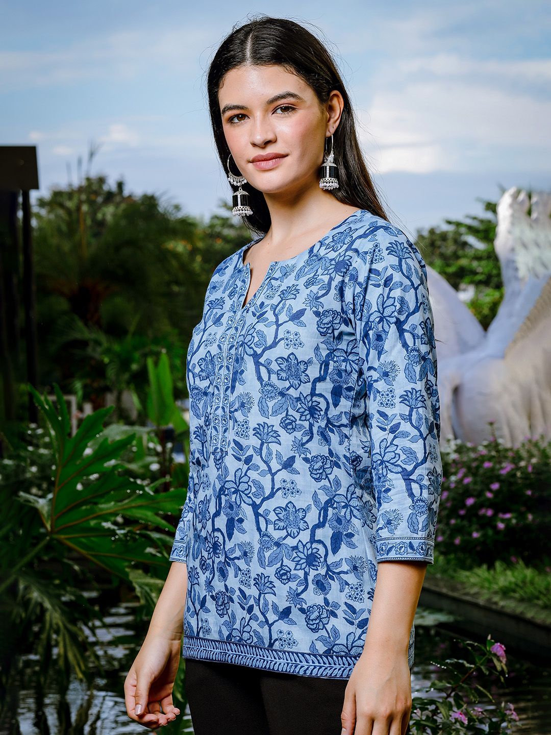 Sky Blue Cotton Floral Print Regular Top