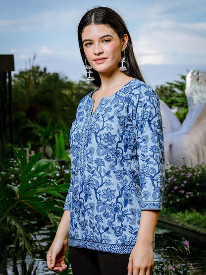 Sky Blue Cotton Floral Print Regular Top