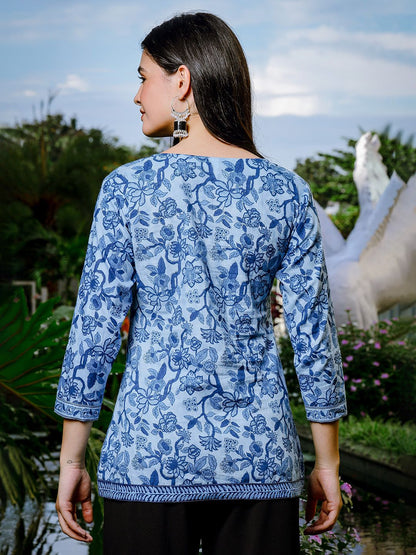 Sky Blue Cotton Floral Print Regular Top