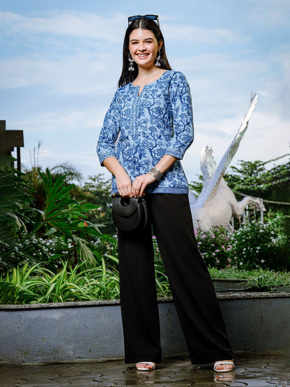 Sky Blue Cotton Floral Print Regular Top
