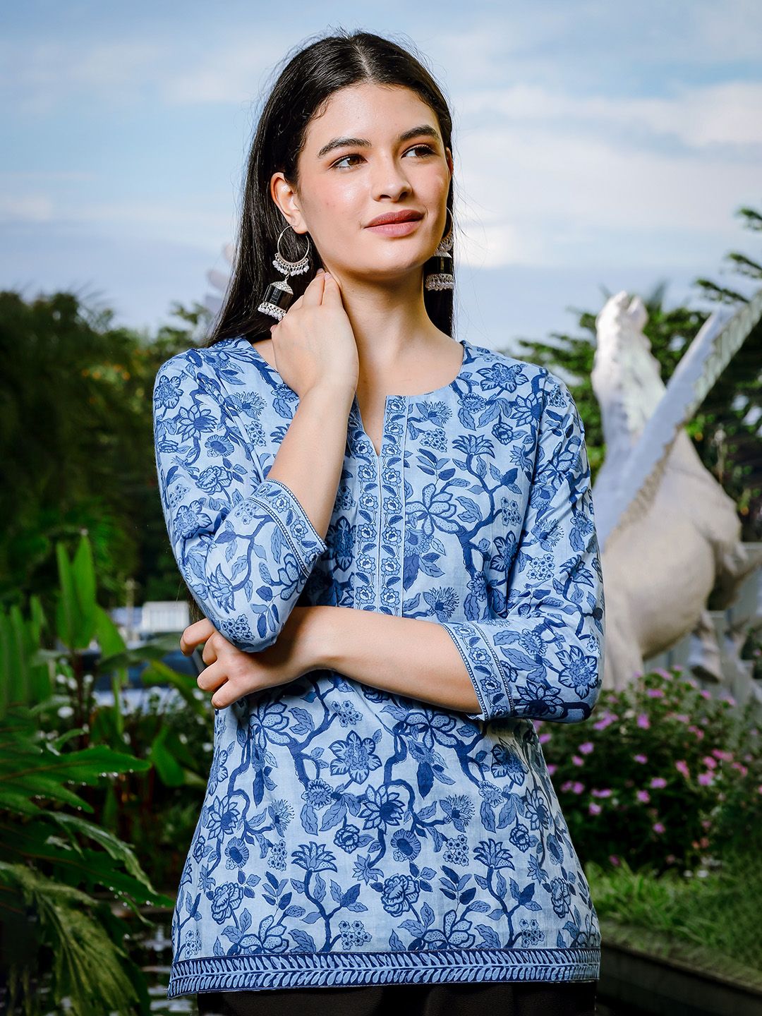 Women's Sky Blue Cotton Sky Blue Cotton Floral Print Regular Top by Yufta, suitable for wholesale buyers, boutiques, retailers, resellers and bulk fashion orders from Trendphoria