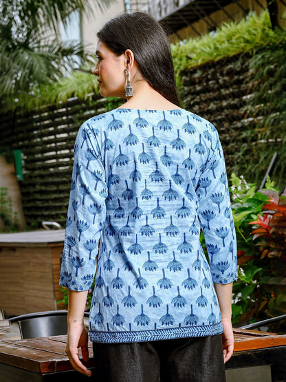 Sky Blue Cotton Floral Print Three Quarter Sleeve Top