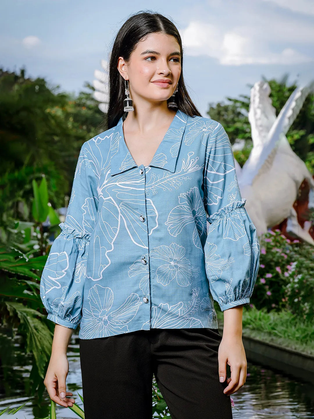 Women's Sky Blue Linen Sky Blue Cotton Linen Puff Sleeve  Shirt Style Top by Yufta, suitable for wholesale buyers, boutiques, retailers, resellers and bulk fashion orders from Trendphoria
