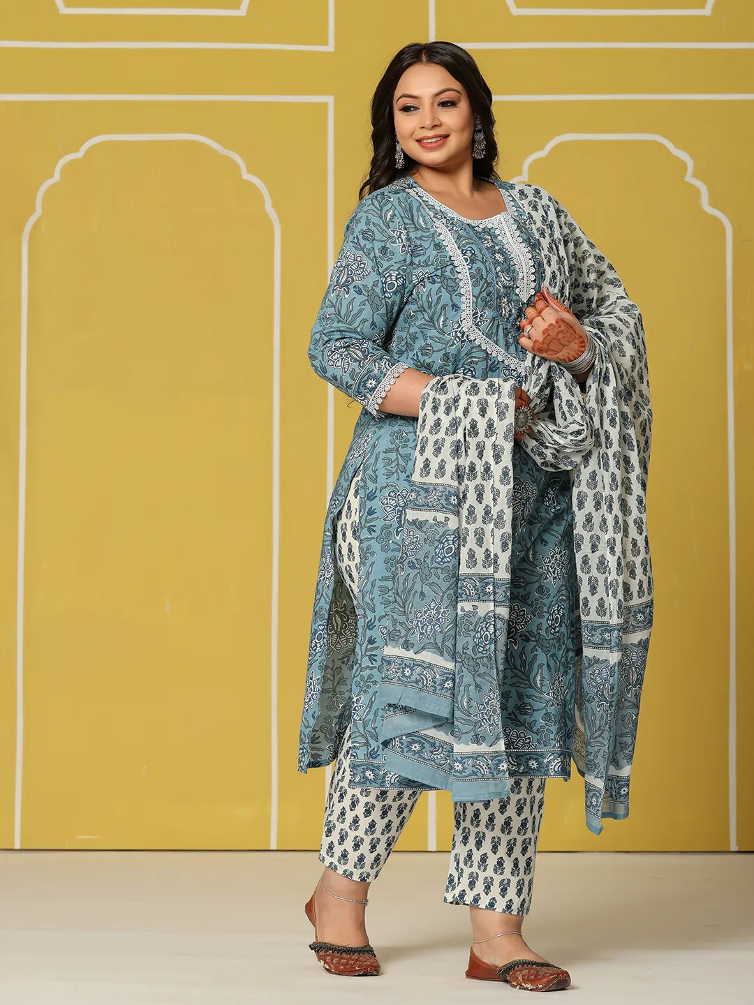 Sky Blue Cotton Straight Plus Size Kurta Set