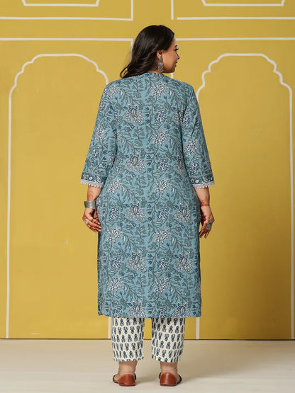Sky Blue Cotton Straight Plus Size Kurta Set