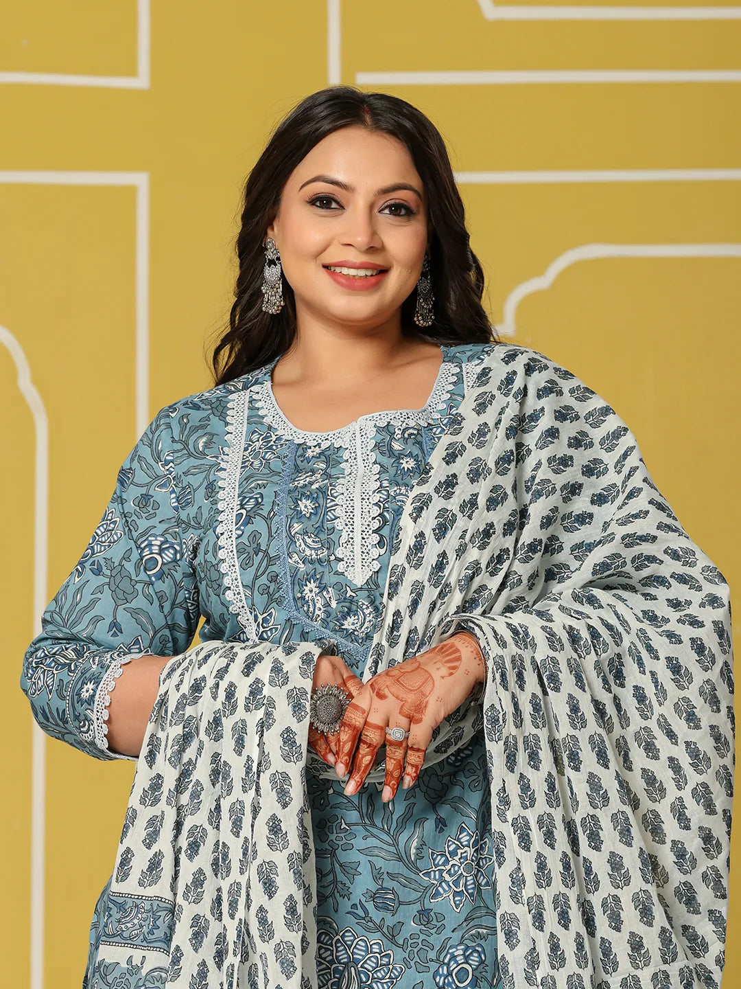 Sky Blue Cotton Straight Plus Size Kurta Set