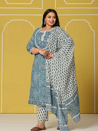 Sky Blue Cotton Straight Plus Size Kurta Set