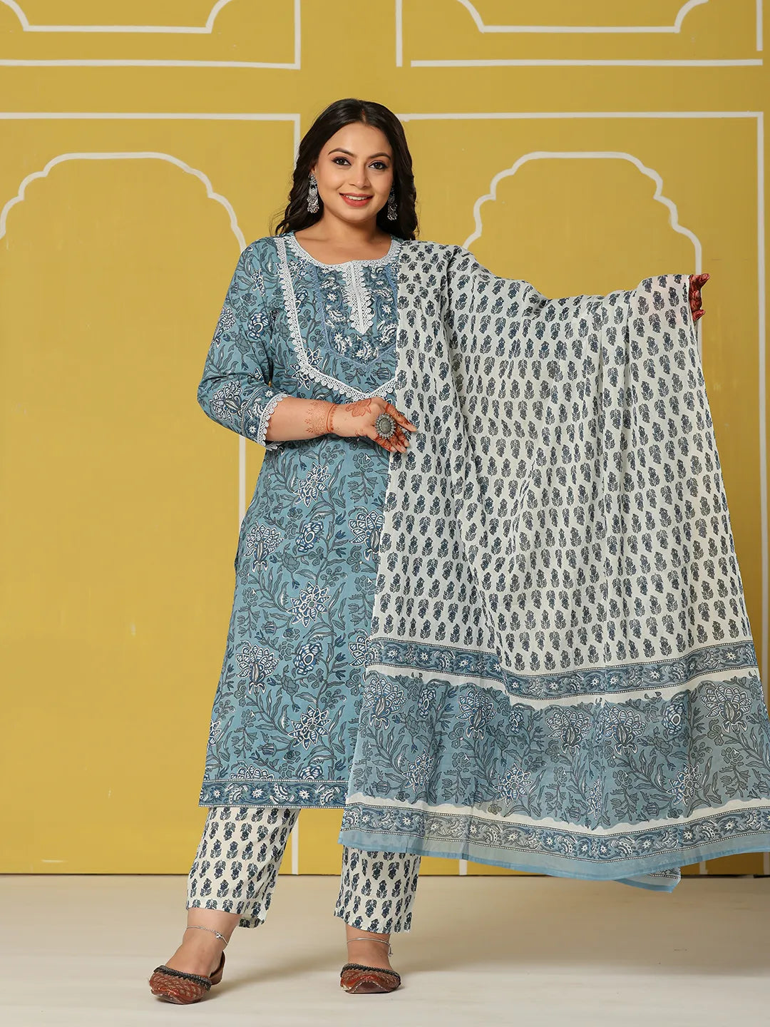Women's Sky Blue Cotton Sky Blue Cotton Straight Plus Size Kurta Set by Yufta, suitable for wholesale buyers, boutiques, retailers, resellers and bulk fashion orders from Trendphoria