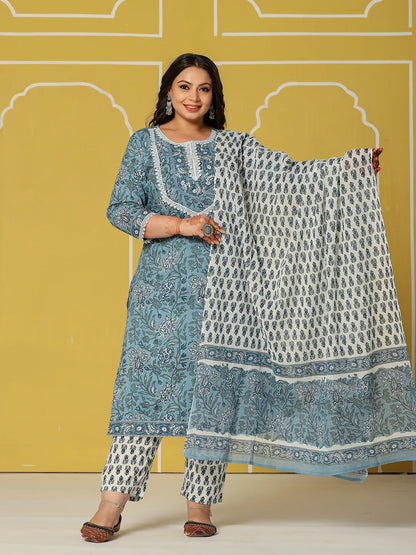 Women's Sky Blue Cotton Sky Blue Cotton Straight Plus Size Kurta Set by Yufta, suitable for wholesale buyers, boutiques, retailers, resellers and bulk fashion orders from Trendphoria