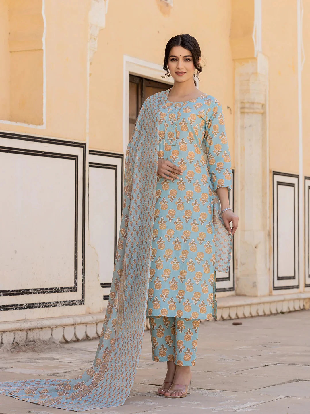 Sky Blue Floral Print Sequins Work Straight Kurta Trouser And Dupatta Set