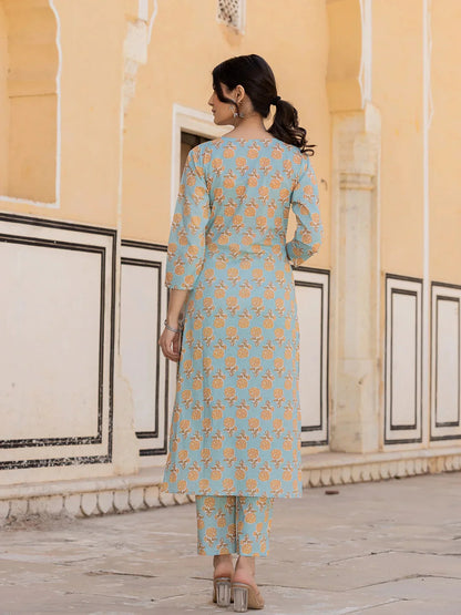 Sky Blue Floral Print Sequins Work Straight Kurta Trouser And Dupatta Set