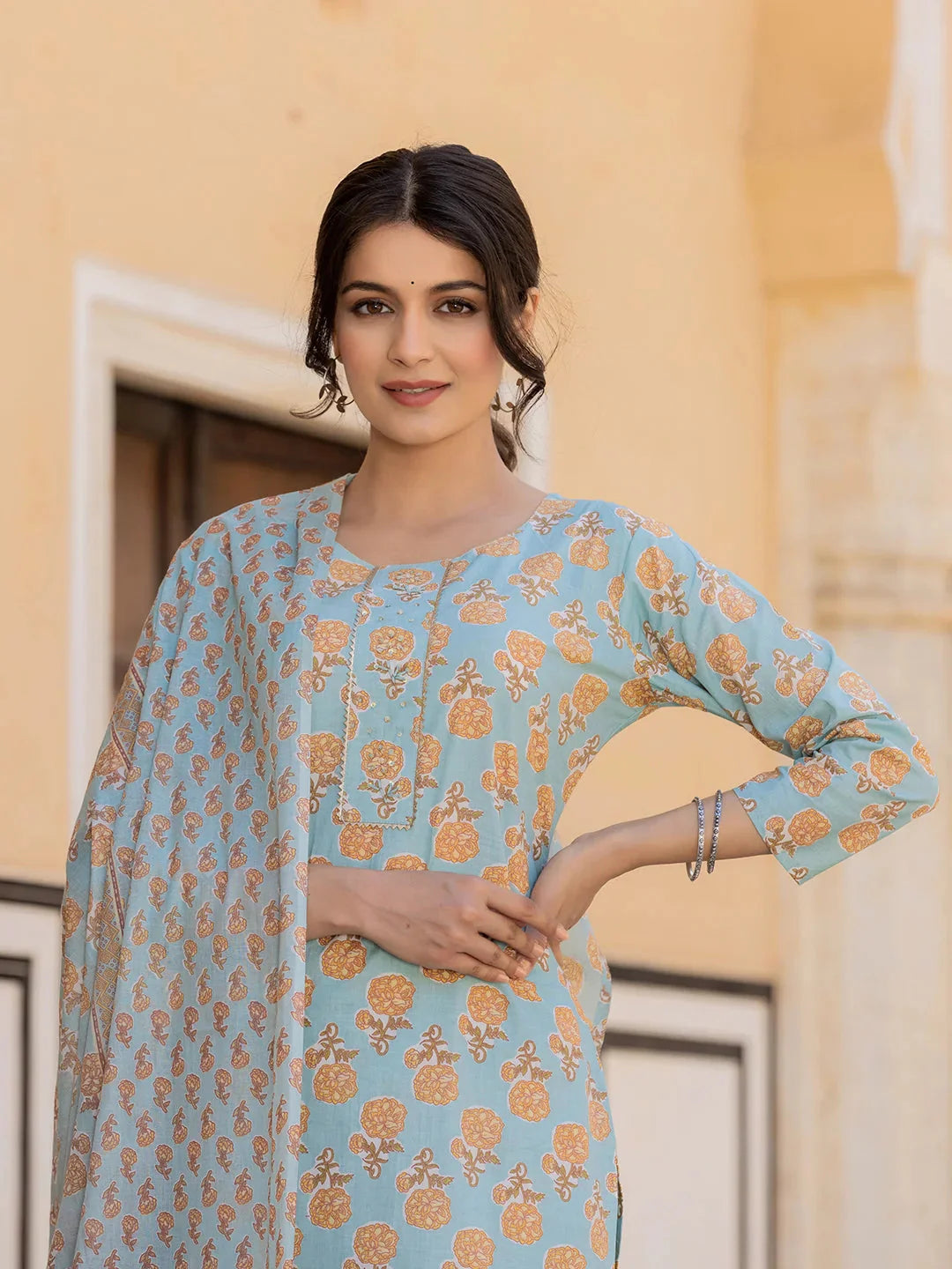 Sky Blue Floral Print Sequins Work Straight Kurta Trouser And Dupatta Set