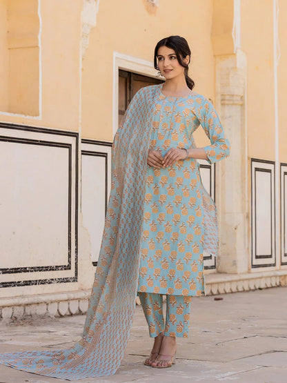 Sky Blue Floral Print Sequins Work Straight Kurta Trouser And Dupatta Set