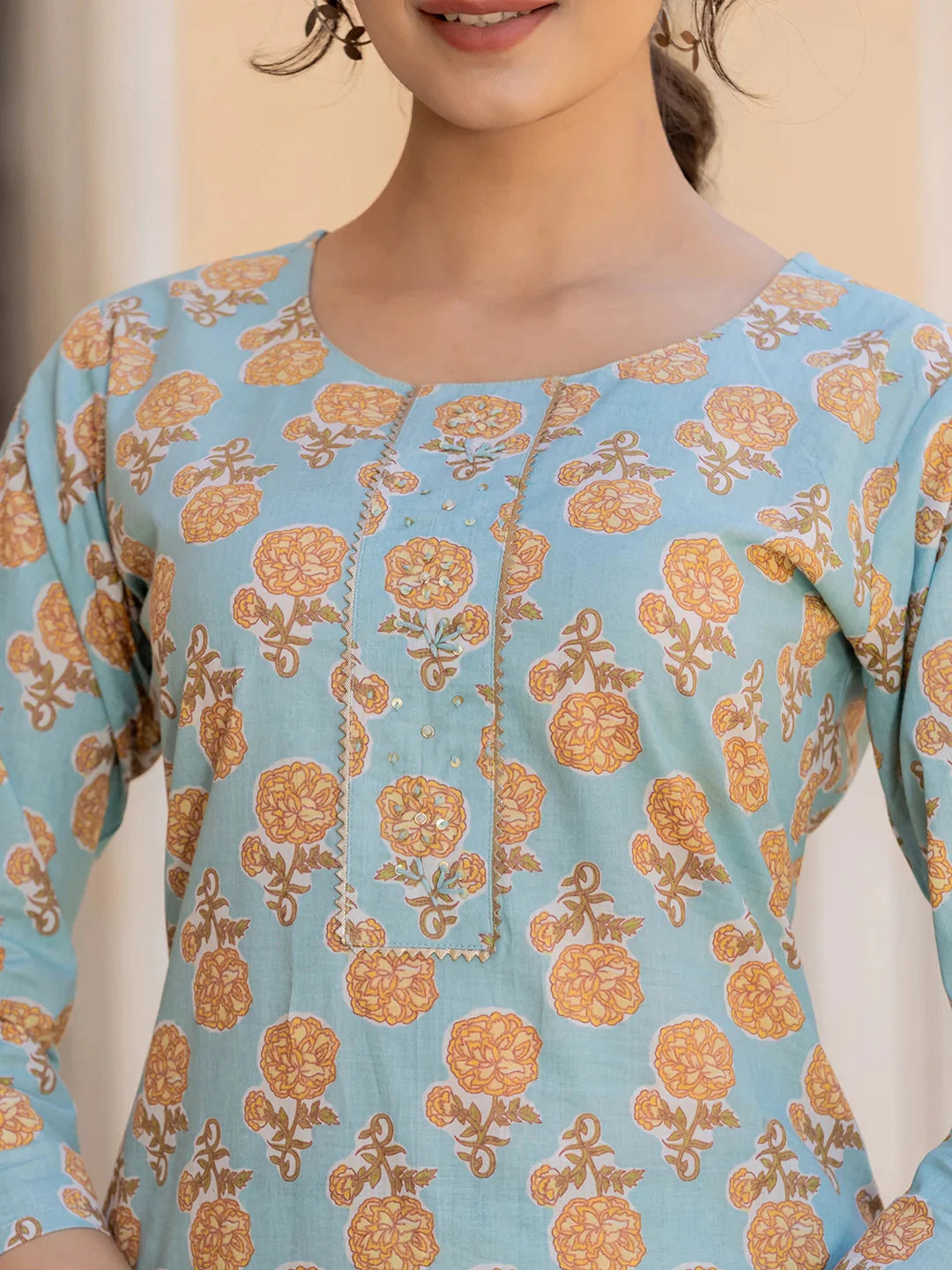 Sky Blue Floral Print Sequins Work Straight Kurta Trouser And Dupatta Set
