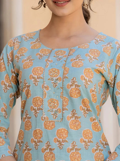 Sky Blue Floral Print Sequins Work Straight Kurta Trouser And Dupatta Set