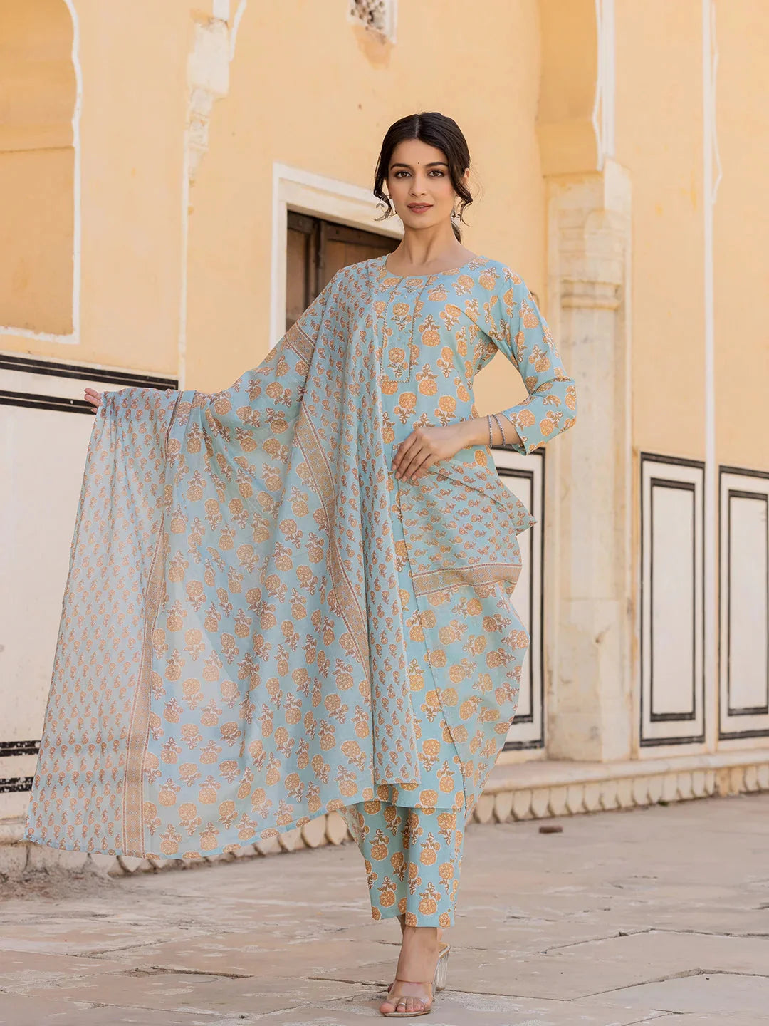 Sky Blue Floral Print Sequins Work Straight Kurta Trouser And Dupatta Set