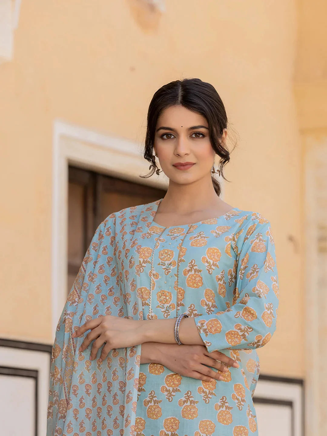 Women's Sky Blue Cotton Sky Blue Floral Print Sequins Work Straight Kurta Trouser And Dupatta Set by Yufta, suitable for wholesale buyers, boutiques, retailers, resellers and bulk fashion orders from Trendphoria