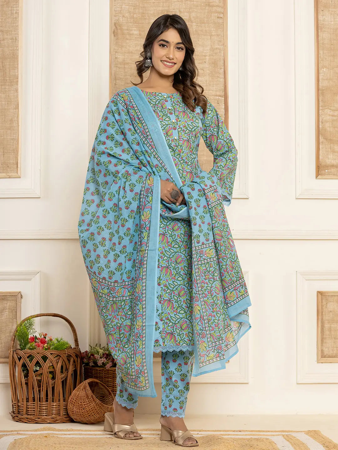 Sky Blue Leaf Print Cotton Pakistani Style Kurta And Trousers With Dupatta