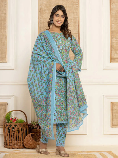 Sky Blue Leaf Print Cotton Pakistani Style Kurta And Trousers With Dupatta