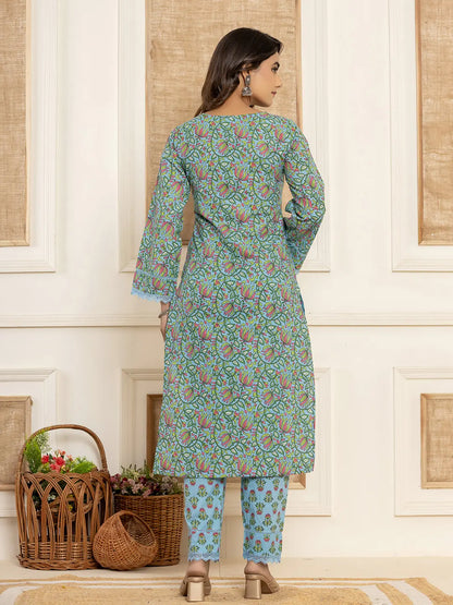 Sky Blue Leaf Print Cotton Pakistani Style Kurta And Trousers With Dupatta