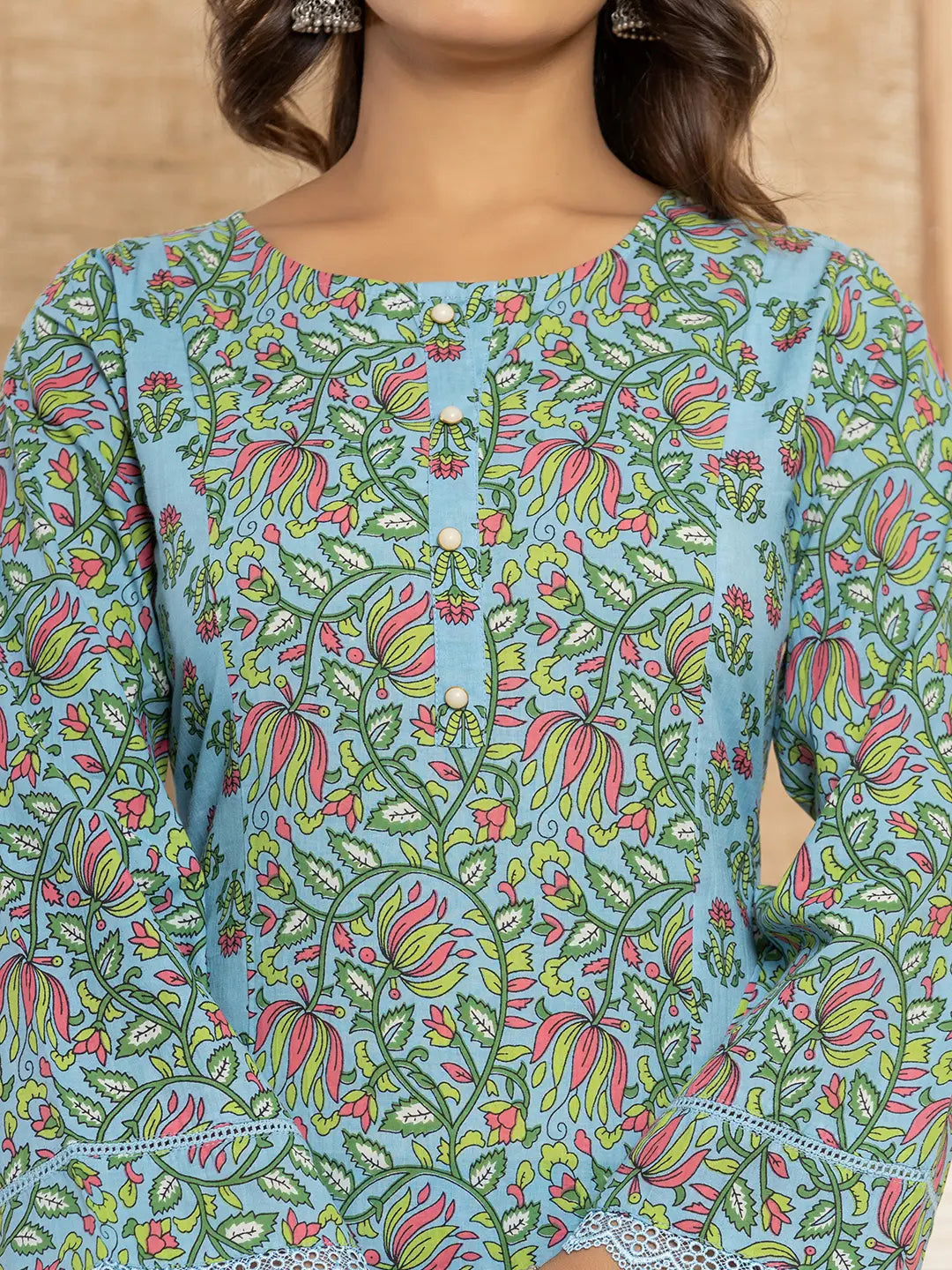 Sky Blue Leaf Print Cotton Pakistani Style Kurta And Trousers With Dupatta