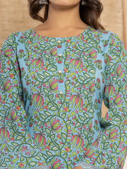 Sky Blue Leaf Print Cotton Pakistani Style Kurta And Trousers With Dupatta